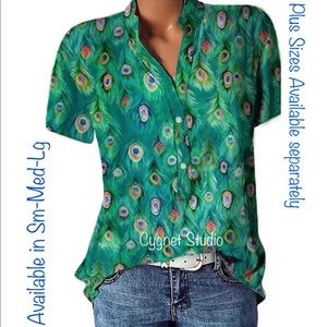 Peacock Feather Short Sleeve Button Up Blouse - Small